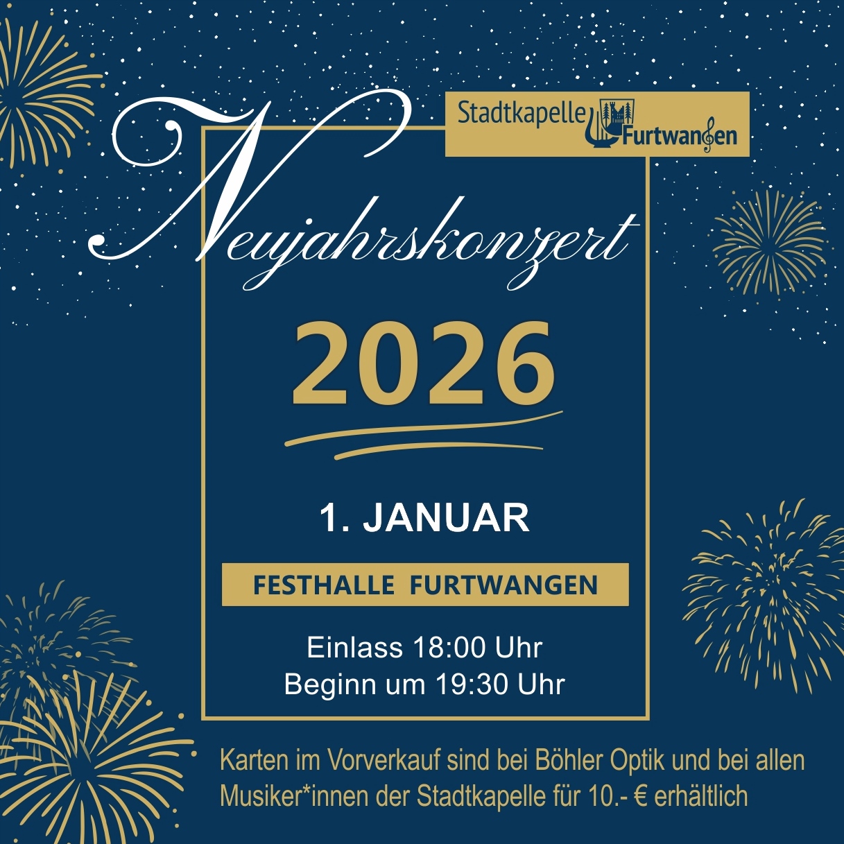 Neujahrskonzert, 1. Januar 2026, Beginn um 19:30 Uhr, Vorverkauf bei Böhler Optik für 10 Euro